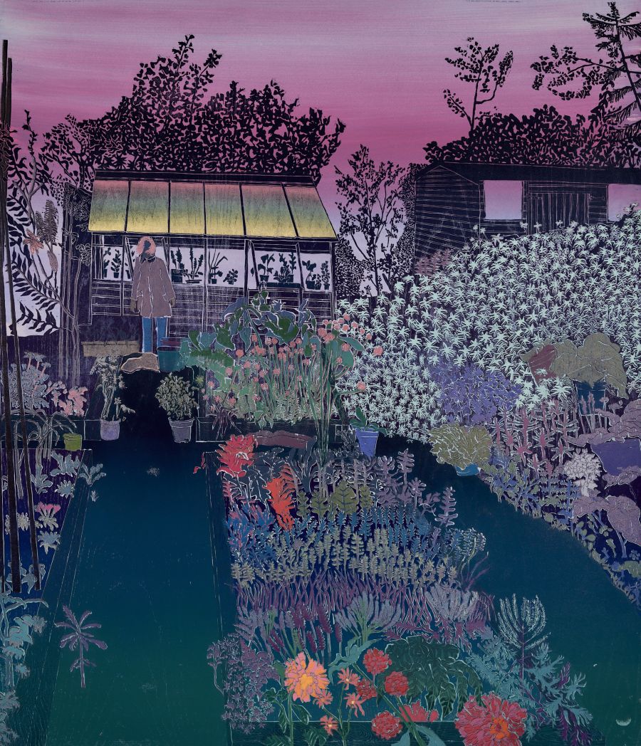 A figure standing at the end of an exuberant garden outside a green house with a pink sky behind.