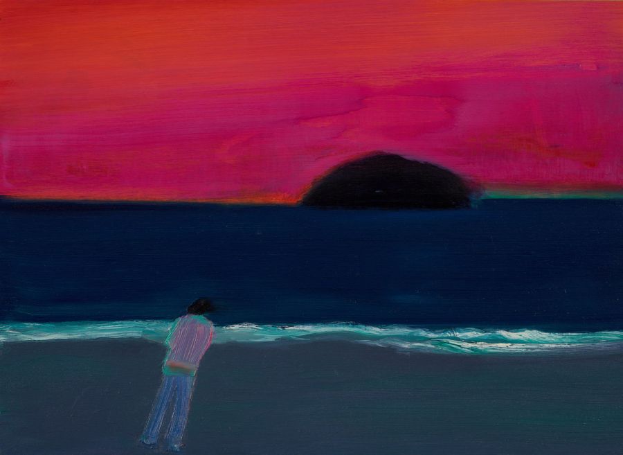 A figure on the seashore with a red sky.