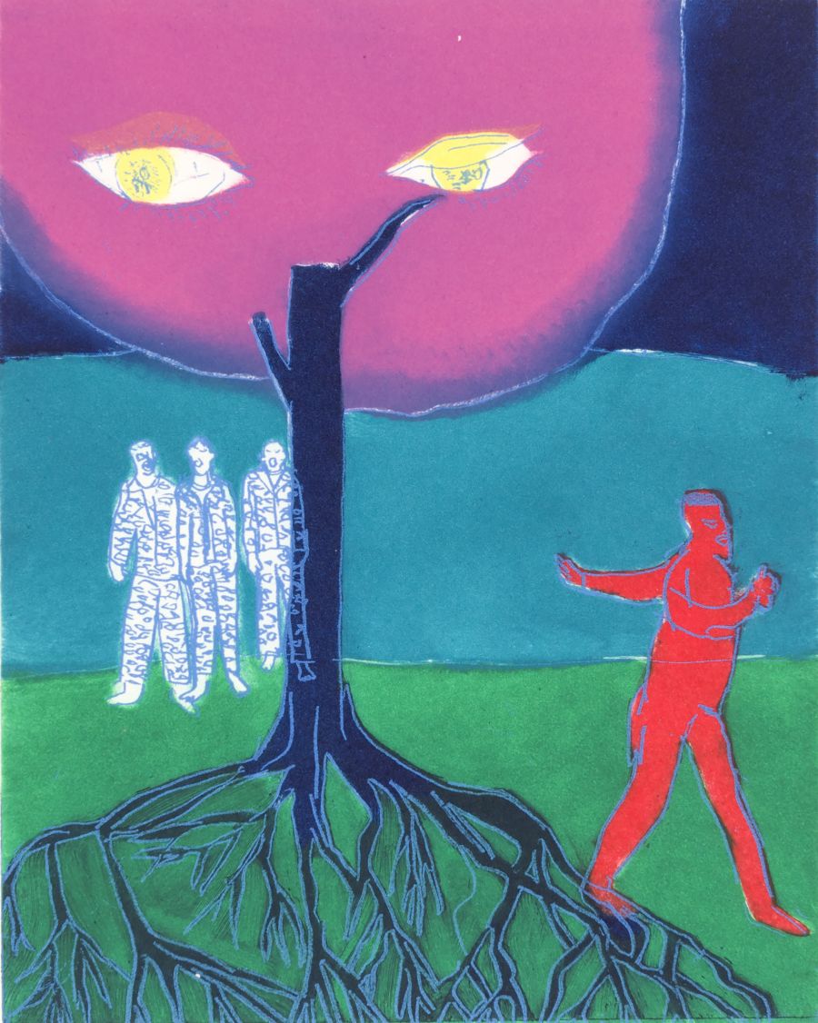 People standing beneath tree with eyes.