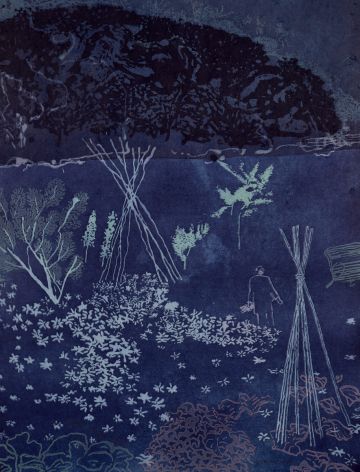 A figure in a blue meadow with flowers and trees.