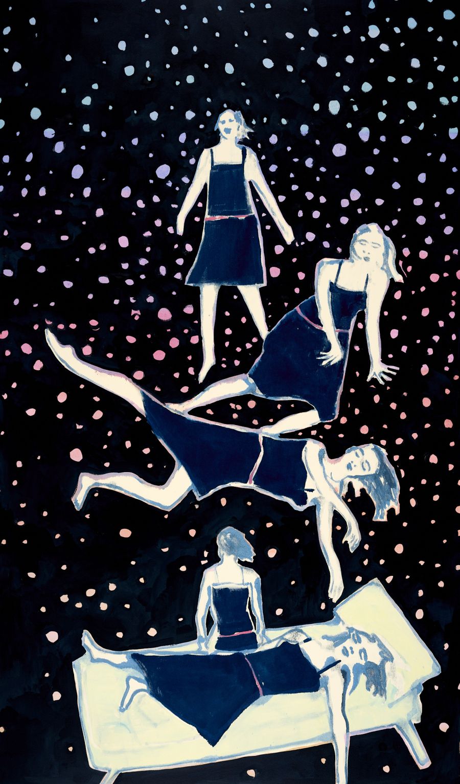 female figures ascending from the stars onto a bed.