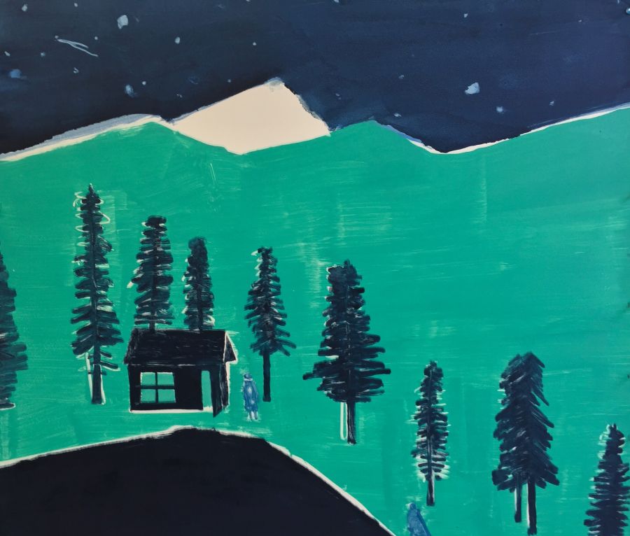 Two figures on an island with a cabin and trees under the starry night.