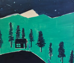 Two figures on an island with a cabin and trees under the starry night