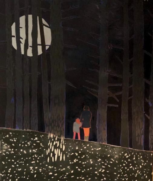 Mother and daughter standing in moonlit woods.