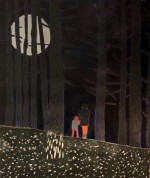 Mother and daughter standing in moonlit woods