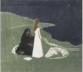 A Munch painting of a woman and a dark figure on the coast.