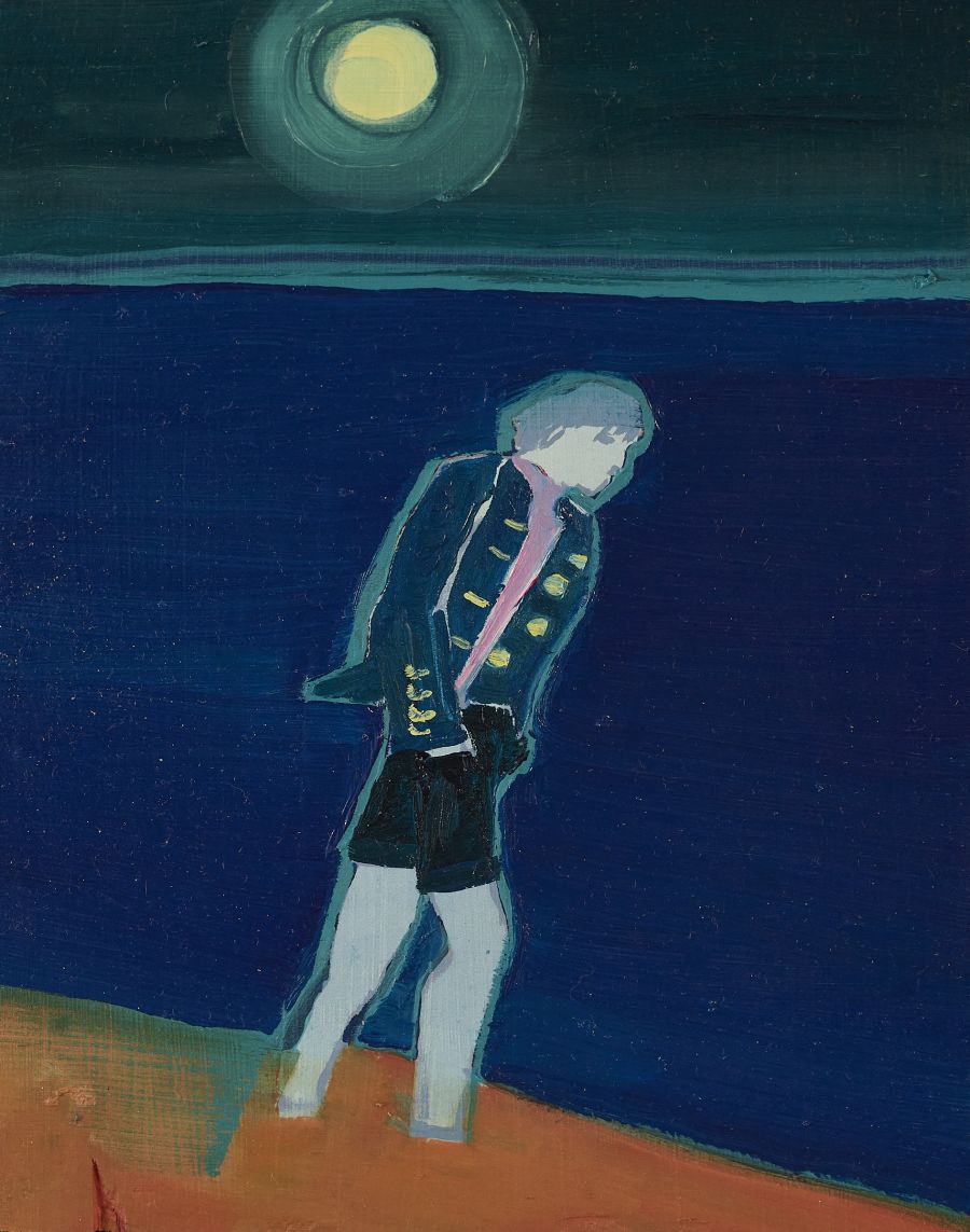 A boy walking on the seashore and a full moon in the sky..