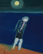 A boy walking on the seashore and a full moon in the sky.