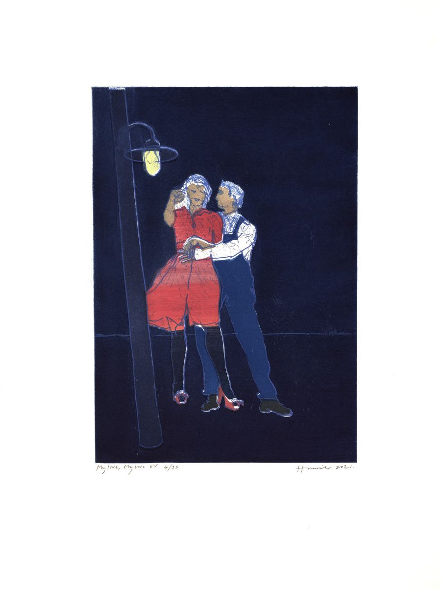 Two figures dancing at night.