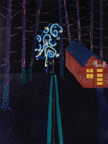 A red cabin standing in a dark woodland with a blue path at night.