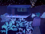 A blue landscape of a figure in a blue garden gazing at a shed under the starry night