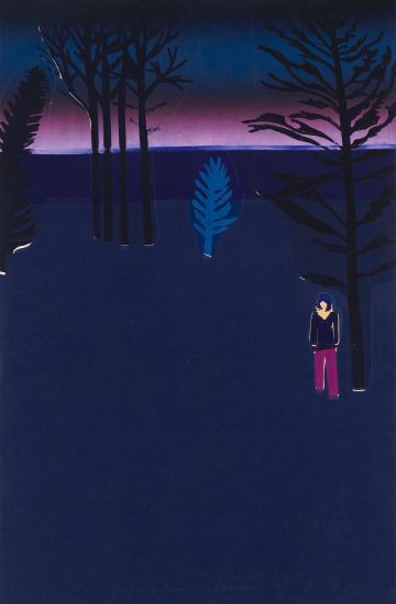 Woman in the woods at night.