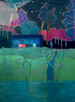 A swimmer standing outside a house at night, in front of colourful trees