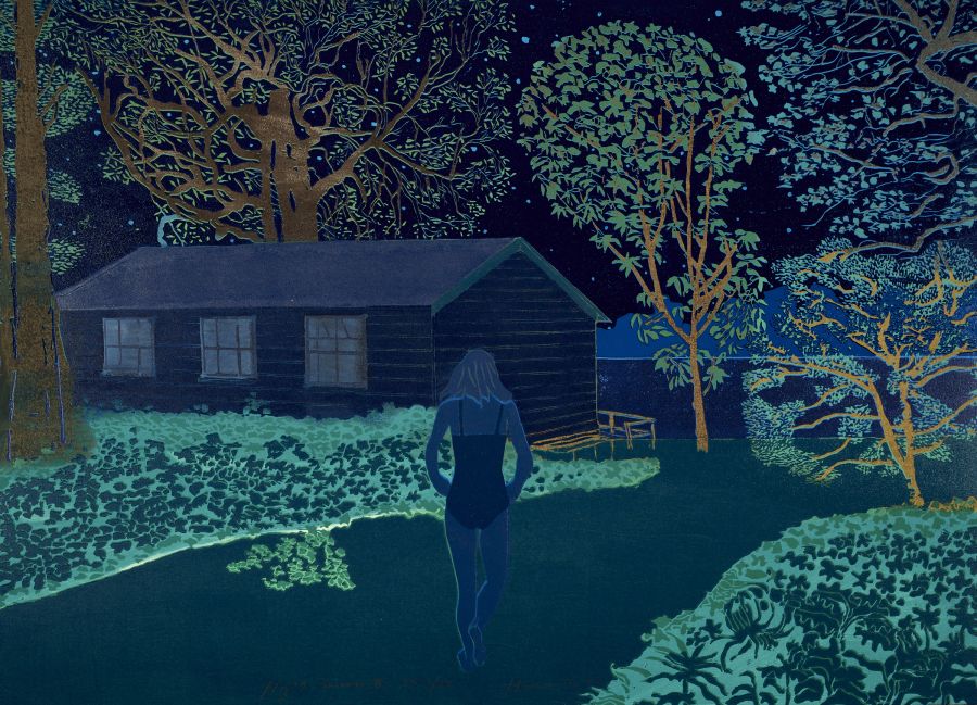 A blue figure walking at night down a path through a garden of flowers towards a house.