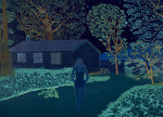 A blue figure walking at night down a path through a garden of flowers towards a house