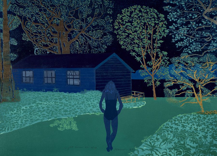 A blue figure walking at night through a garden of flowers towards a house.