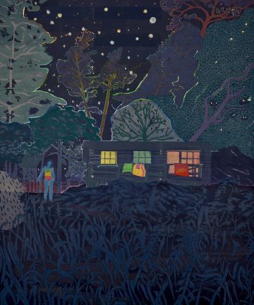 A blue figure standing outside a house surrounded by trees and plants at night.