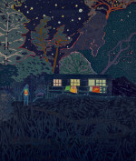 A blue figure standing outside a house surrounded by trees and plants at night