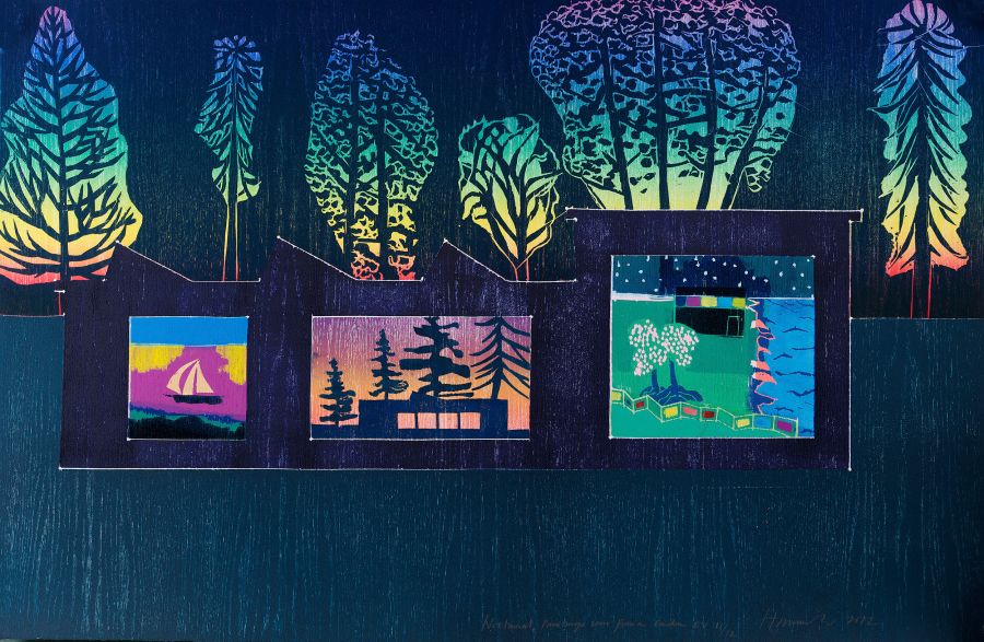 Paintings in a garden at night.