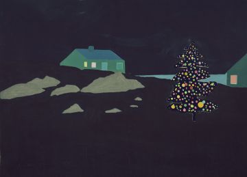 A colourful lit-up Christmas tree in a dark landscape with a house in the background.