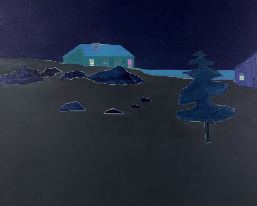 Dark landscape of a house next to the sea.