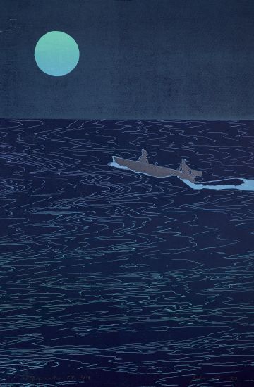 Two figures in a boat under a full moon at night.