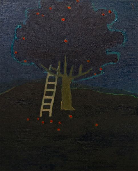 An apple tree with a ladder in the night.