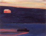 An orange and blue seascape of a fishing boat and a house on land in the distance