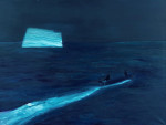 A blue seascape of two figures in a boat