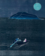 Man and woman rowing at night
