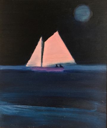 Two figures sailing at sea in the night under a full moon.