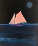 Two figures sailing at sea in the night under a full moon