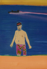 Figure of a man in a standing on the seashore with a black boat in the background.