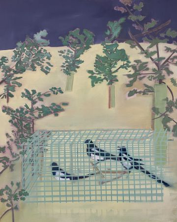 Three caged birds in a garden of trees.