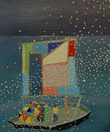 A technicolour raft with a figure out at sea at night.