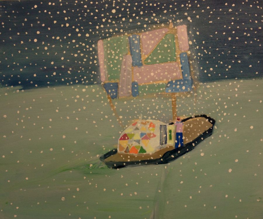 A technicolour raft with a figure out at sea on a snowy night.