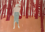 A woman wearing a skirt standing in a red woodland