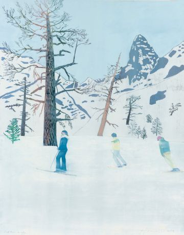 Three people skiing.