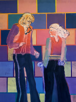 Two figures in front of a bright square patterned wall