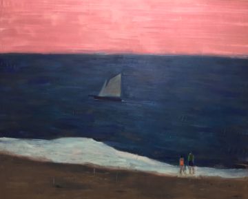 Two figures standing on the seashore with a sailing boat in the distance and a pink sky.