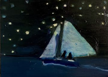 Two figures in a sailing boat out at sea under the night sky..