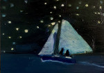 Two figures in a sailing boat out at sea under the night sky.