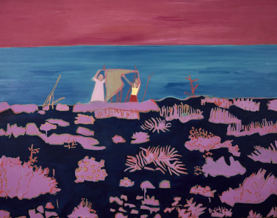 A landscape of pink plants and two figures waving a towel on the seashore.