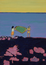 Two figures waving a towel on the seaside.