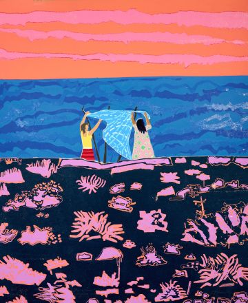 A landscape of pink plants and two figures waving a towel on the seashore.