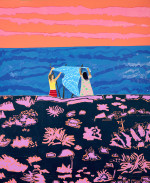 A landscape of pink plants and two figures waving a towel on the seashore