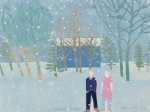 Two people standing in front of house in the snow