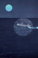 Two figures in a boat under a full moon at night