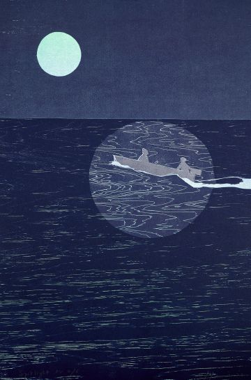 Two figures in a boat under the full moon at night.