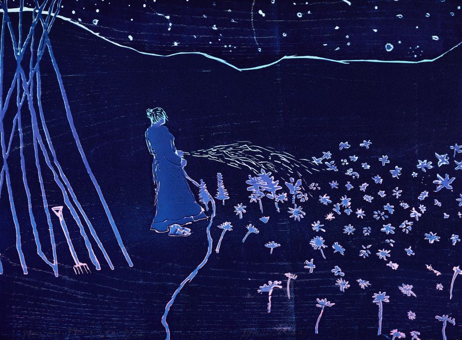 Woman watering the flowers at night.